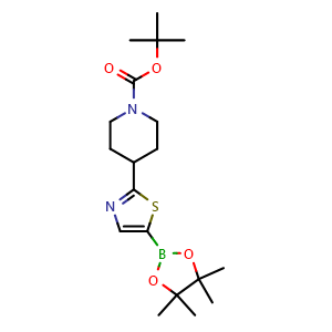 Chemical structure of 2-(1-Boc-4-piperidyl)thiazole-5-boronic acid pinacol ester , CAS 1884388-16-2, AChemBlock AD283075