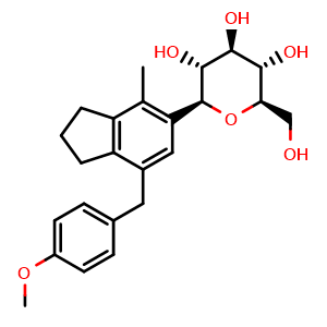 Chemical structure of (2R,3S,4R,5R,6S)-2-(Hydroxymethyl)-6-[7-(4-methoxybenzyl)-4-methyl-5-indanyl]tetrahydro-2H-pyran-3,4,5-triol , CAS 2104694-30-4, AChemBlock AD283110