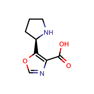 Chemical structure of (R)-5-(Pyrrolidin-2-yl)oxazole-4-carboxylic acid , CAS 2137061-91-5, AChemBlock AD283114