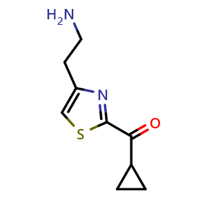 Chemical structure of [4-(2-Aminoethyl)thiazol-2-yl](cyclopropyl)methanone , CAS 2169156-52-7, AChemBlock AD283119