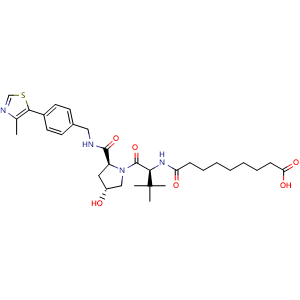 Chemical structure of 9-[[(S)-1-[(2S,4R)-4-Hydroxy-2-[[4-(4-methyl-5-thiazolyl)benzyl]carbamoyl]-1-pyrrolidinyl]-3,3-dimethyl-1-oxo-2-butyl]amino]-9-oxononanoic acid , CAS 2172819-76-8, AChemBlock AD283121