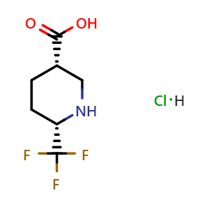 Chemical structure of (3S,6S)-6-(Trifluoromethyl)piperidine-3-carboxylic acid hydrochloride , CAS 2226235-59-0, AChemBlock AD283124