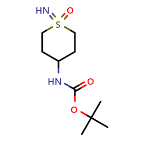 Chemical structure of 4-(Boc-amino)-1-iminotetrahydro-2H-thiopyran 1-oxide , CAS 2230803-89-9, AChemBlock AD283130