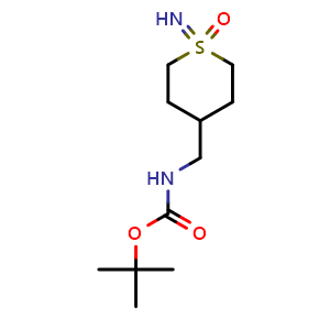 Chemical structure of 4-[(Boc-amino)methyl]-1-iminotetrahydro-2H-thiopyran 1-oxide , CAS 2248317-03-3, AChemBlock AD283132