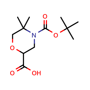 Chemical structure of 4-Boc-5,5-dimethylmorpholine-2-carboxylic acid , CAS 2287335-56-0, AChemBlock AD283140