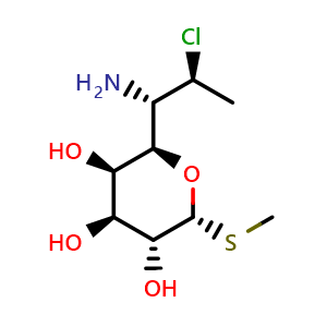 Chemical structure of (2R,3R,4S,5R,6R)-2-[(1S,2S)-1-Amino-2-chloropropyl]-6-(methylthio)tetrahydro-2H-pyran-3,4,5-triol , CAS 22965-79-3, AChemBlock AD283141