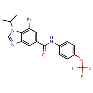 Chemical structure of 7-Bromo-N-[4-(chlorodifluoromethoxy)phenyl]-1-isopropyl-1H-benzo[d]imidazole-5-carboxamide , CAS 2412972-50-8, AChemBlock AD283176