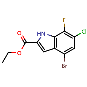 Chemical structure of Ethyl 4-bromo-6-chloro-7-fluoro-1H-indole-2-carboxylate , CAS 2416031-22-4, AChemBlock AD283178