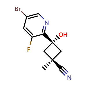 Chemical structure of cis-3-(5-Bromo-3-fluoro-2-pyridyl)-3-hydroxy-1-methylcyclobutanecarbonitrile , CAS 2416752-38-8, AChemBlock AD283181