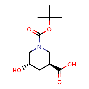 Chemical structure of (3S,5S)-1-Boc-5-hydroxypiperidine-3-carboxylic acid , CAS 2639393-02-3, AChemBlock AD283194