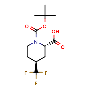 Chemical structure of rel-(2S,4S)-1-(tert-Butoxycarbonyl)-4-(trifluoromethyl)piperidine-2-carboxylic acid , CAS 2716849-42-0, AChemBlock AD283201