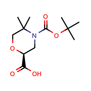 Chemical structure of (S)-4-Boc-5,5-dimethylmorpholine-2-carboxylic acid , CAS 2761094-15-7, AChemBlock AD283202