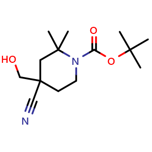 Chemical structure of 1-Boc-4-(hydroxymethyl)-2,2-dimethylpiperidine-4-carbonitrile , CAS 2888531-35-7, AChemBlock AD283216