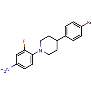 Chemical structure of 4-[4-(4-Bromophenyl)piperidin-1-yl]-3-fluoroaniline , CAS 3077379-26-8, AChemBlock AD283234