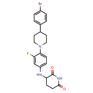 Chemical structure of 3-[[4-[4-(4-Bromophenyl)piperidin-1-yl]-3-fluorophenyl]amino]piperidine-2,6-dione , CAS 3077379-27-9, AChemBlock AD283235