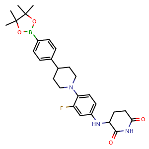 Chemical structure of 4-[1-[4-[(2,6-Dioxopiperidin-3-yl)amino]-2-fluorophenyl]piperidin-4-yl]phenylboronic acid pinacol ester , CAS 3077379-28-0, AChemBlock AD283236