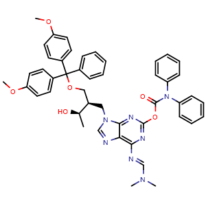 Chemical structure of 9-((2R,3R)-2-((bis(4-methoxyphenyl)(phenyl)methoxy)methyl)-3-hydroxybutyl)-6-(((E)-(dimethylamino)methylene)amino)-9H-purin-2-yl diphenylcarbamate , CAS 3060143-41-8, AChemBlock AD283330