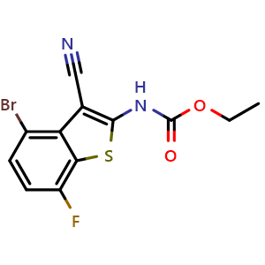 Chemical structure of Ethyl N-(4-bromo-3-cyano-7-fluorobenzo[b]thien-2-yl)carbamate , CAS 2649788-77-0, AChemBlock AD283340