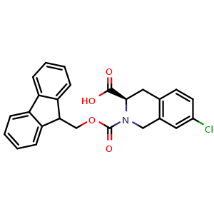 Chemical structure of (R)-2-Fmoc-7-chloro-1,2,3,4-tetrahydroisoquinoline-3-carboxylic Acid , CAS 2580101-56-8, AChemBlock AD283405