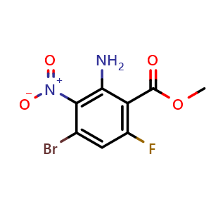 Chemical structure of Methyl 2-amino-4-bromo-6-fluoro-3-nitrobenzoate , CAS 1160683-38-4, AChemBlock AD283486