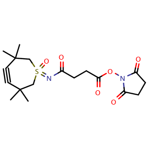 Chemical structure of 2,5-Dioxopyrrolidin-1-yl 4-Oxo-4-[(3,3,6,6-tetramethyl-1-oxido-4,5-didehydro-2,3,6,7-tetrahydro-1λ6-thiepin-1-ylidene)amino]butanoate , CAS 2408481-83-2, AChemBlock AD283491
