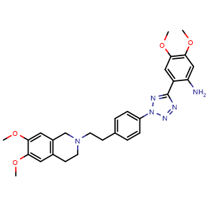Chemical structure of 2-[2-[4-[2-[6,7-Dimethoxy-3,4-dihydroisoquinolin-2(1H)-yl]ethyl]phenyl]-2H-tetrazol-5-yl]-4,5-dimethoxyaniline , CAS 849675-46-3, AChemBlock AD283499