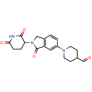Chemical structure of 1-[2-(2,6-Dioxopiperidin-3-yl)-3-oxoisoindolin-5-yl]piperidine-4-carbaldehyde , CAS 2770573-13-0, AChemBlock AD283502