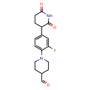 Chemical structure of 1-[4-(2,6-Dioxopiperidin-3-yl)-2-fluorophenyl]piperidine-4-carbaldehyde , CAS 2858741-83-8, AChemBlock AD283504
