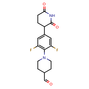 Chemical structure of 1-[4-(2,6-Dioxopiperidin-3-yl)-2,6-difluorophenyl]piperidine-4-carbaldehyde , CAS 2902652-34-8, AChemBlock AD283506