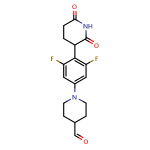 Chemical structure of 1-[4-(2,6-Dioxo-3-piperidyl)-3,5-difluorophenyl]piperidine-4-carbaldehyde , CAS 2960325-23-7, AChemBlock AD283507