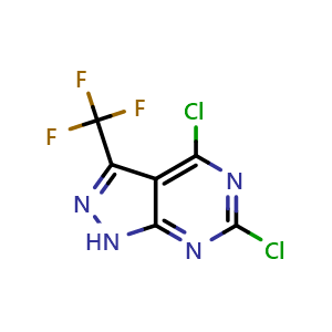 Chemical structure of 4,6-Dichloro-3-(trifluoromethyl)-1H-pyrazolo[3,4-d]pyrimidine , CAS 1211582-86-3, AChemBlock AD283526