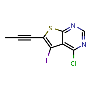 Chemical structure of 4-Chloro-5-iodo-6-(prop-1-yn-1-yl)thieno[2,3-d]pyrimidine , CAS 1799611-01-0, AChemBlock AD283531