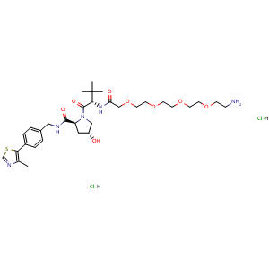 Chemical structure of (2S,4R)-1-[(S)-17-Amino-2-(tert-butyl)-4-oxo-6,9,12,15-tetraoxa-3-azaheptadecan-1-oyl]-4-hydroxy-N-[4-(4-methylthiazol-5-yl)benzyl]pyrrolidine-2-carboxamide Dihydrochloride , CAS 2955612-96-9, AChemBlock AD283536