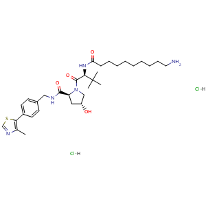 Chemical structure of (2S,4R)-1-[(S)-2-(10-Aminodecanamido)-3,3-dimethylbutanoyl]-4-hydroxy-N-[4-(4-methylthiazol-5-yl)benzyl]pyrrolidine-2-carboxamide Dihydrochloride , CAS 2758364-04-2, AChemBlock AD283537