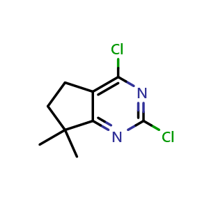 Chemical structure of 2,4-Dichloro-7,7-dimethyl-6,7-dihydro-5H-cyclopenta[d]pyrimidine , CAS 1512101-43-7, AChemBlock AD283588