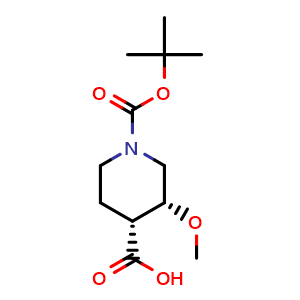 Chemical structure of cis-1-[(tert-butoxy)carbonyl]-3-methoxypiperidine-4-carboxylic acid , CAS 1415741-35-3, AChemBlock AD283656