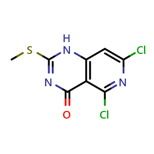 Chemical structure of 5,7-Dichloro-2-(methylthio)pyrido[4,3-d]pyrimidin-4(1H)-one , CAS 2834759-76-9, AChemBlock AD283662