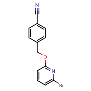 Chemical structure of 4-[[(6-Bromopyridin-2-yl)oxy]methyl]benzonitrile , CAS 2641113-23-5, AChemBlock AD283665