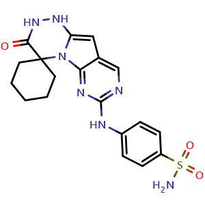 Chemical structure of 4-[(3'-Oxo-2',3'-dihydro-1'H-spiro[cyclohexane-1,4'-pyrimido[5',4':4,5]pyrrolo[2,1-c][1,2,4]triazin]-7'-yl)amino]benzenesulfonamide , CAS 2745060-92-6, AChemBlock AD283683