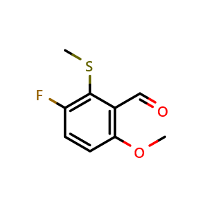 Chemical structure of 3-Fluoro-6-methoxy-2-(methylthio)benzaldehyde , CAS 2090356-17-3, AChemBlock AD283784