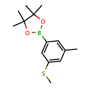 Chemical structure of 4,4,5,5-Tetramethyl-2-(3-methyl-5-(methylthio)phenyl)-1,3,2-dioxaborolane , CAS 2060541-11-7, AChemBlock AD283830