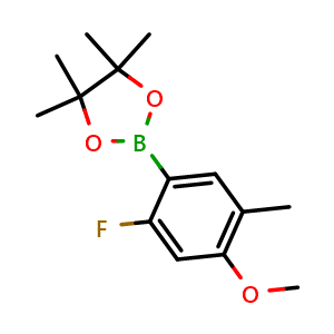 Chemical structure of 2-(2-Fluoro-4-methoxy-5-methylphenyl)-4,4,5,5-tetramethyl-1,3,2-dioxaborolane , CAS 2820542-17-2, AChemBlock AD283832