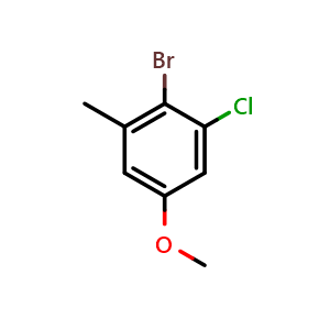 Chemical structure of 2-Bromo-1-chloro-5-methoxy-3-methylbenzene , CAS 2091663-78-2, AChemBlock AD283867