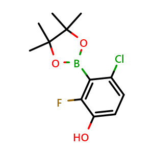 Chemical structure of 4-Chloro-2-fluoro-3-(4,4,5,5-tetramethyl-1,3,2-dioxaborolan-2-yl)phenol , CAS 2925769-49-7, AChemBlock AD283887