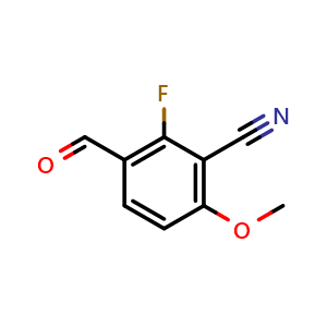 Chemical structure of 2-Fluoro-3-formyl-6-methoxybenzonitrile , CAS 1520916-62-4, AChemBlock AD283941