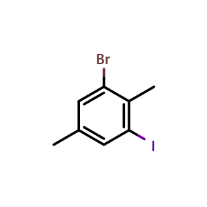 Chemical structure of 1-Bromo-3-iodo-2,5-dimethylbenzene , CAS 1807198-53-3, AChemBlock AD283961