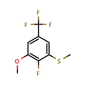 Chemical structure of (2-Fluoro-3-methoxy-5-(trifluoromethyl)phenyl)(methyl)sulfane , CAS 2643367-45-5, AChemBlock AD283969