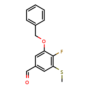 Chemical structure of 3-(Benzyloxy)-4-fluoro-5-(methylthio)benzaldehyde , CAS 2643367-68-2, AChemBlock AD283987