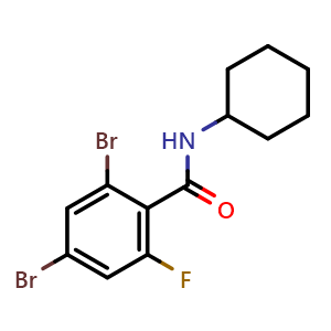 Chemical structure of 2,4-Dibromo-N-cyclohexyl-6-fluorobenzamide , CAS 2755719-55-0, AChemBlock AD284101