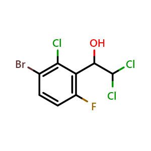 Chemical structure of 1-(3-Bromo-2-chloro-6-fluorophenyl)-2,2-dichloroethanol , CAS 2755719-27-6, AChemBlock AD284112